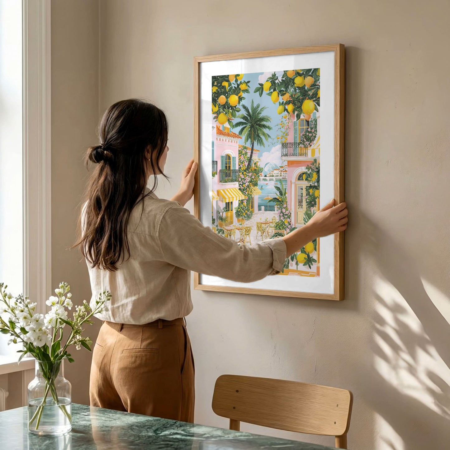 Valencia Seaside Spring Café Poster — Lemon Tree Mediterranean Coastal Wall Art