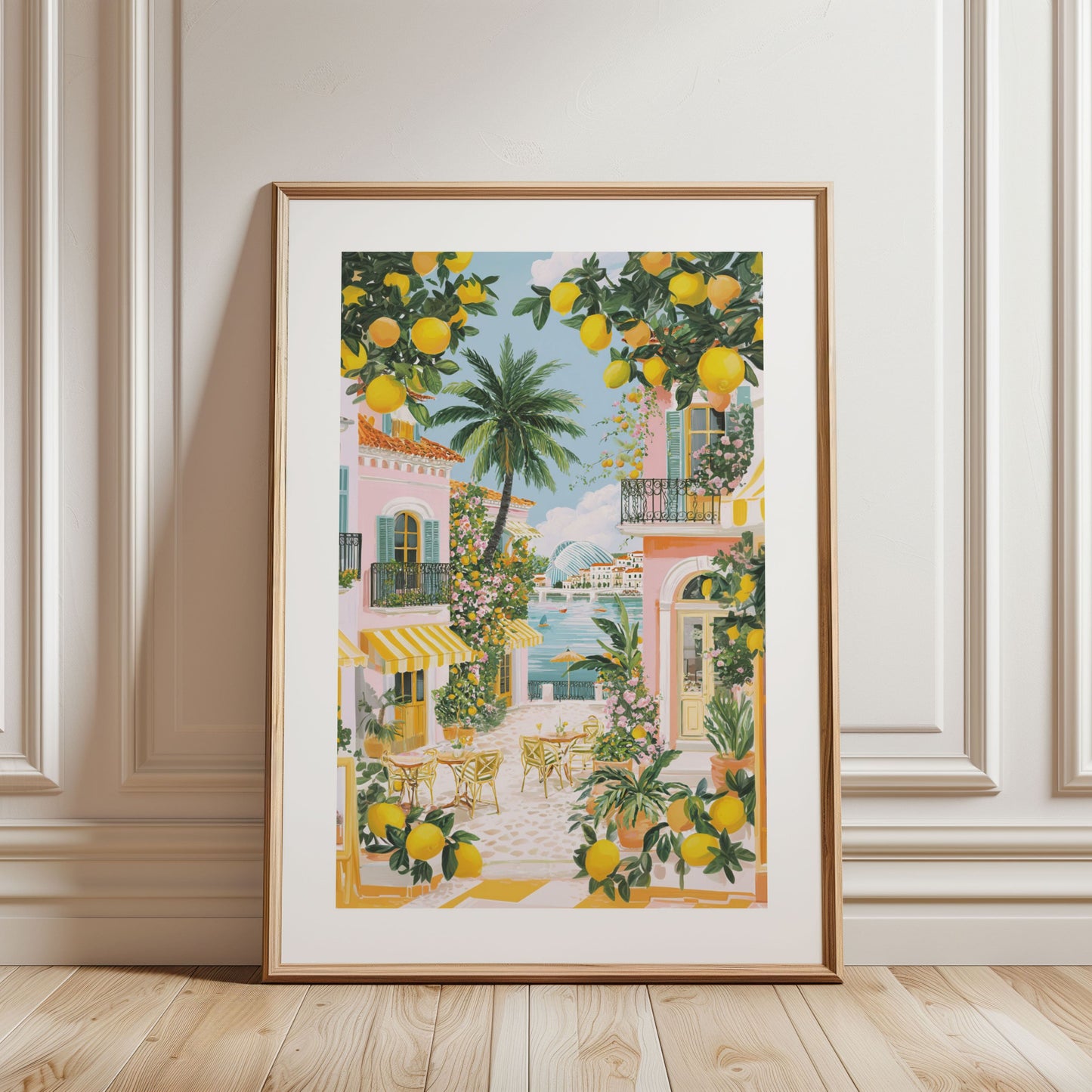 Valencia Seaside Spring Café Poster — Lemon Tree Mediterranean Coastal Wall Art