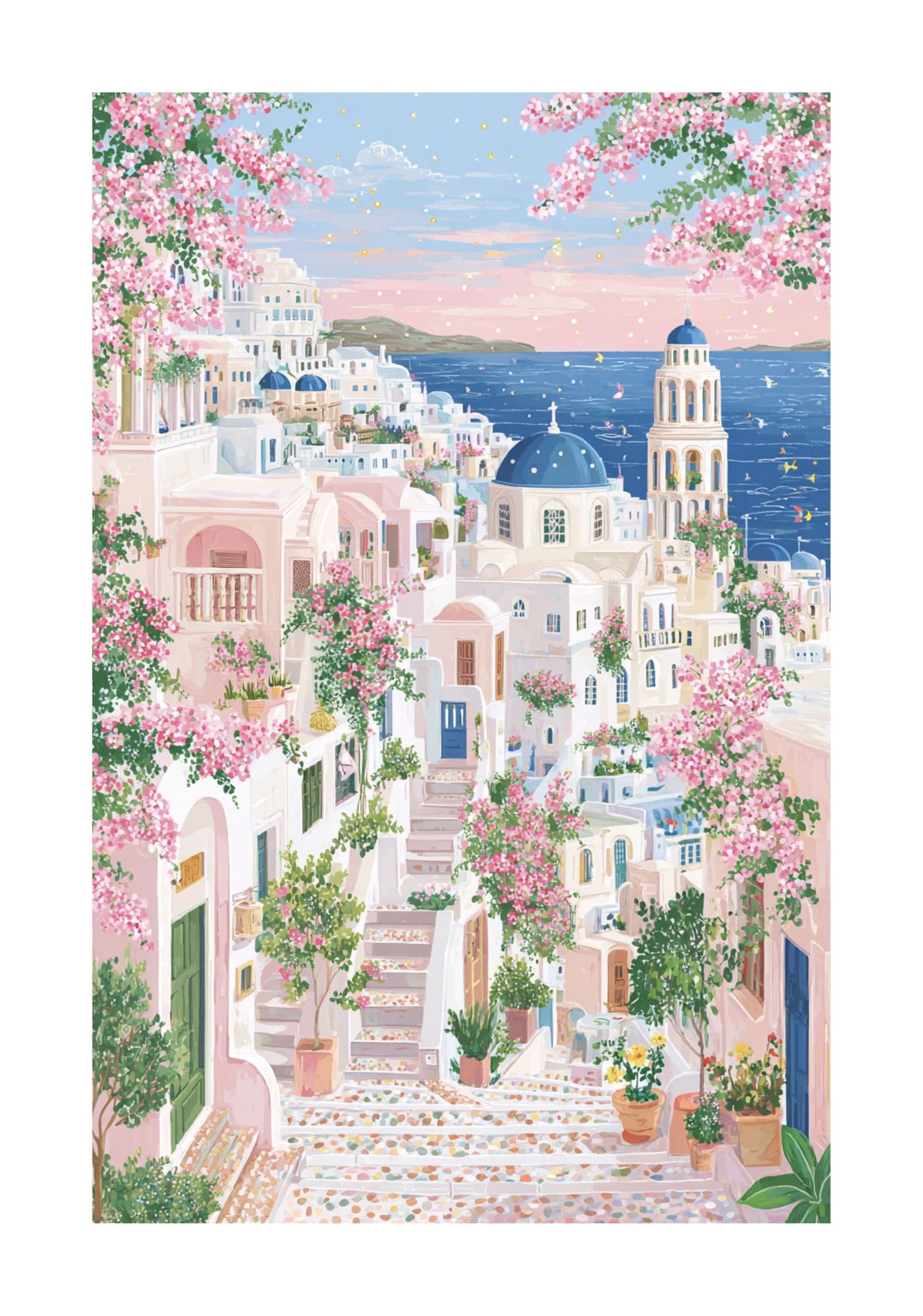 Santorini Oia Village Rolled Poster — Bougainvillea Greek Island Wall Art