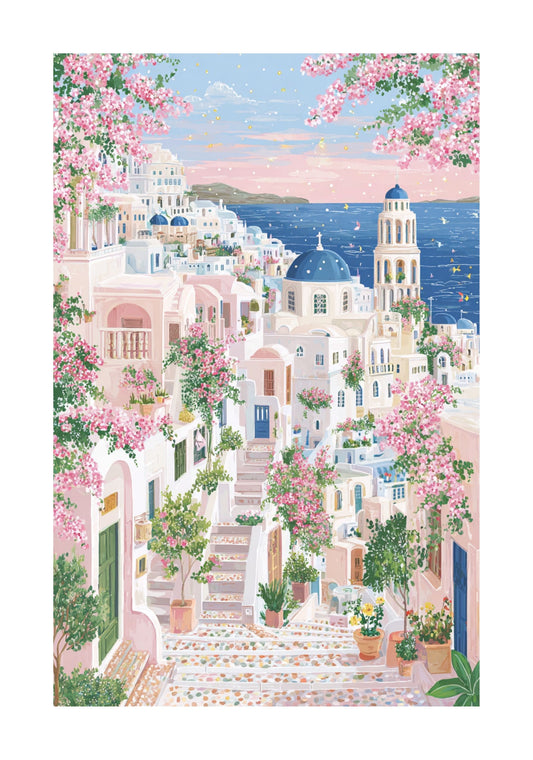 Santorini Oia Village Rolled Poster — Bougainvillea Greek Island Wall Art