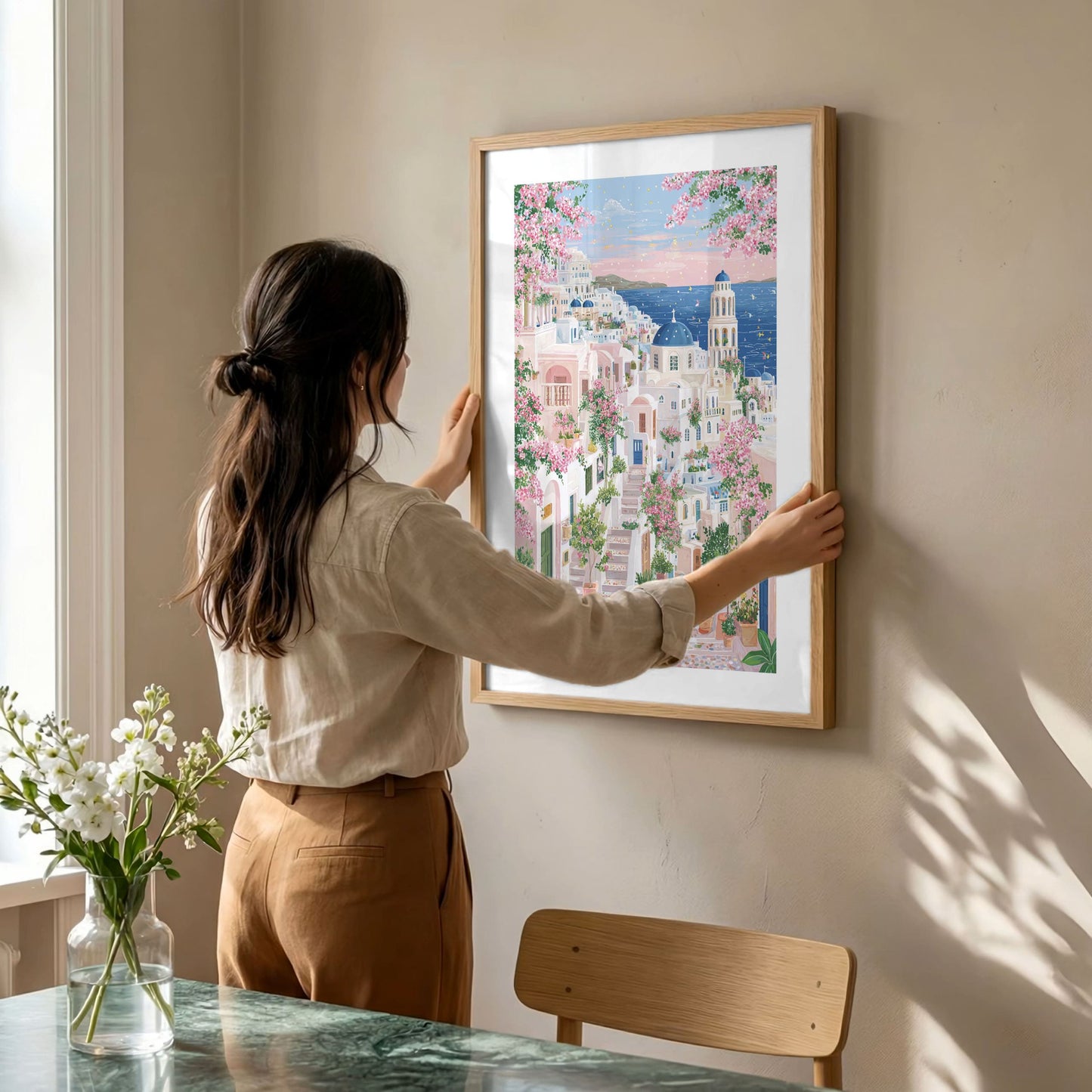 Santorini Oia Village Rolled Poster — Bougainvillea Greek Island Wall Art