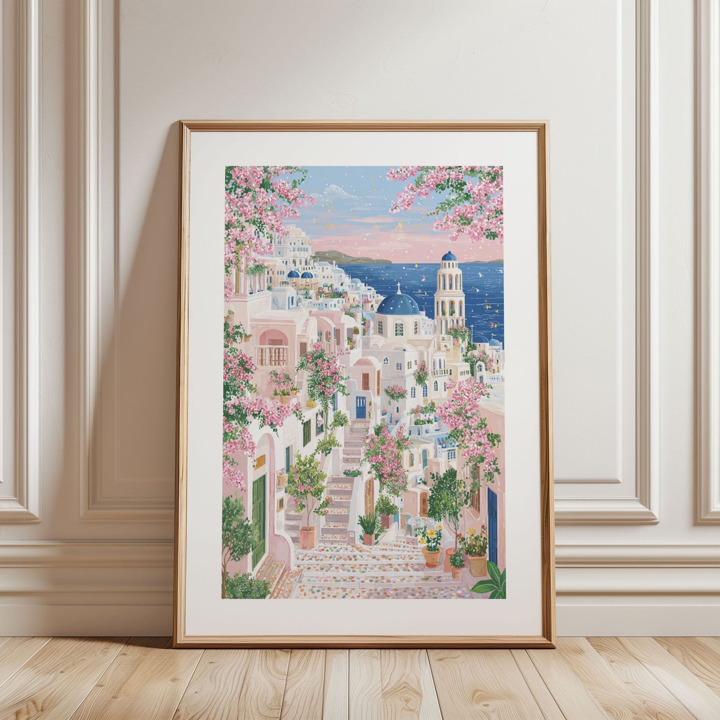 Santorini Oia Village Rolled Poster — Bougainvillea Greek Island Wall Art