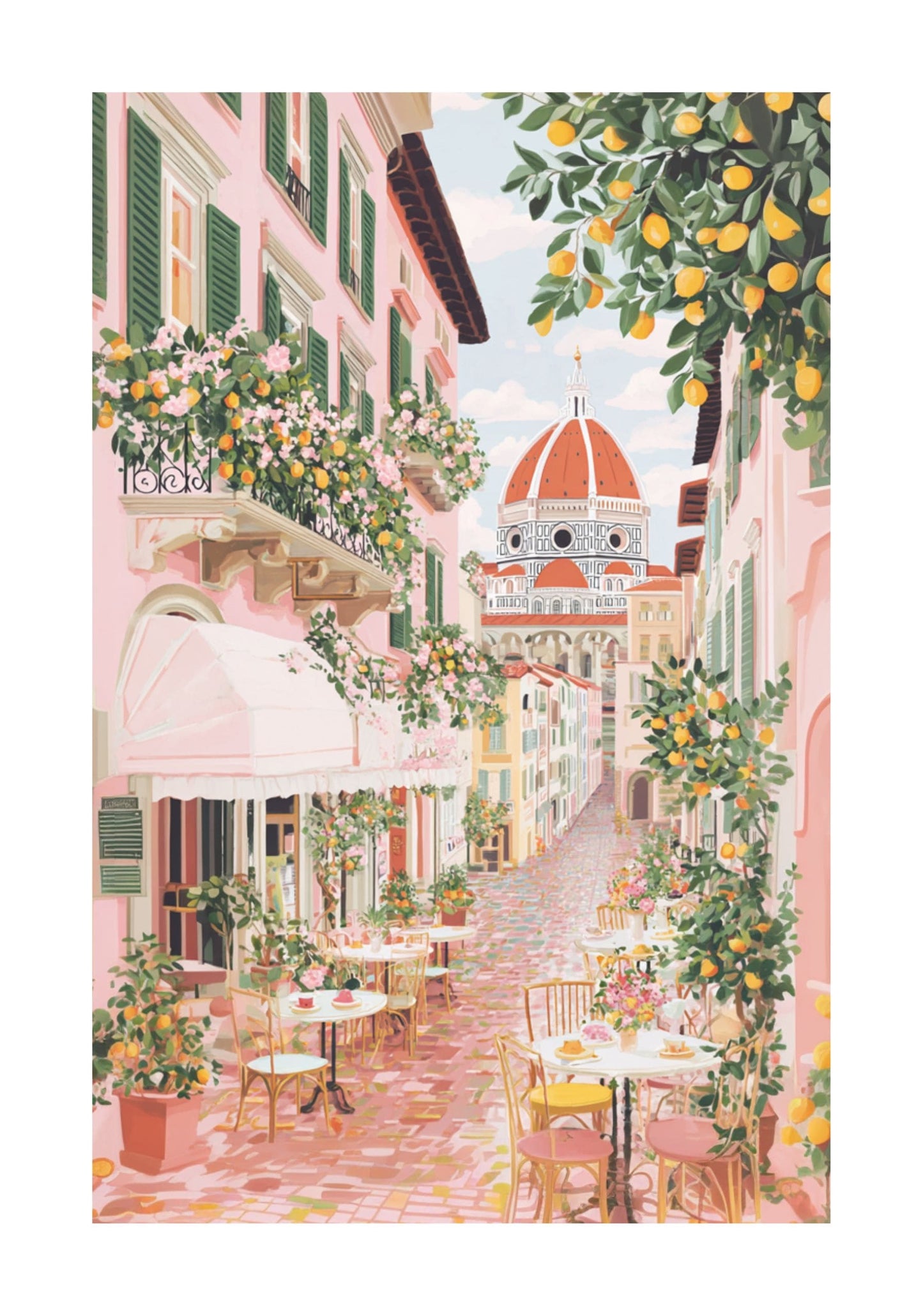 Florence Spring Poster — Italian Café & Duomo Gouache Travel Print