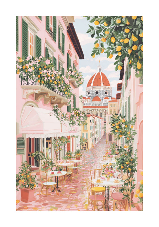 Florence Spring Poster — Italian Café & Duomo Gouache Travel Print