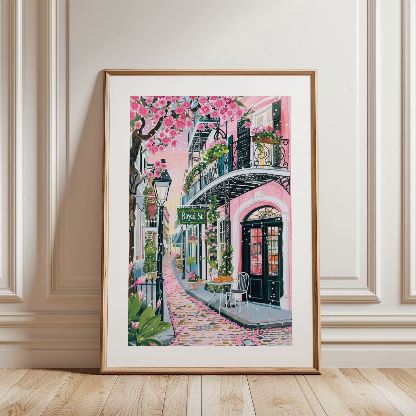 New Orleans French Quarter Street Scene Poster — Whimsical Beignet & Food Illustration