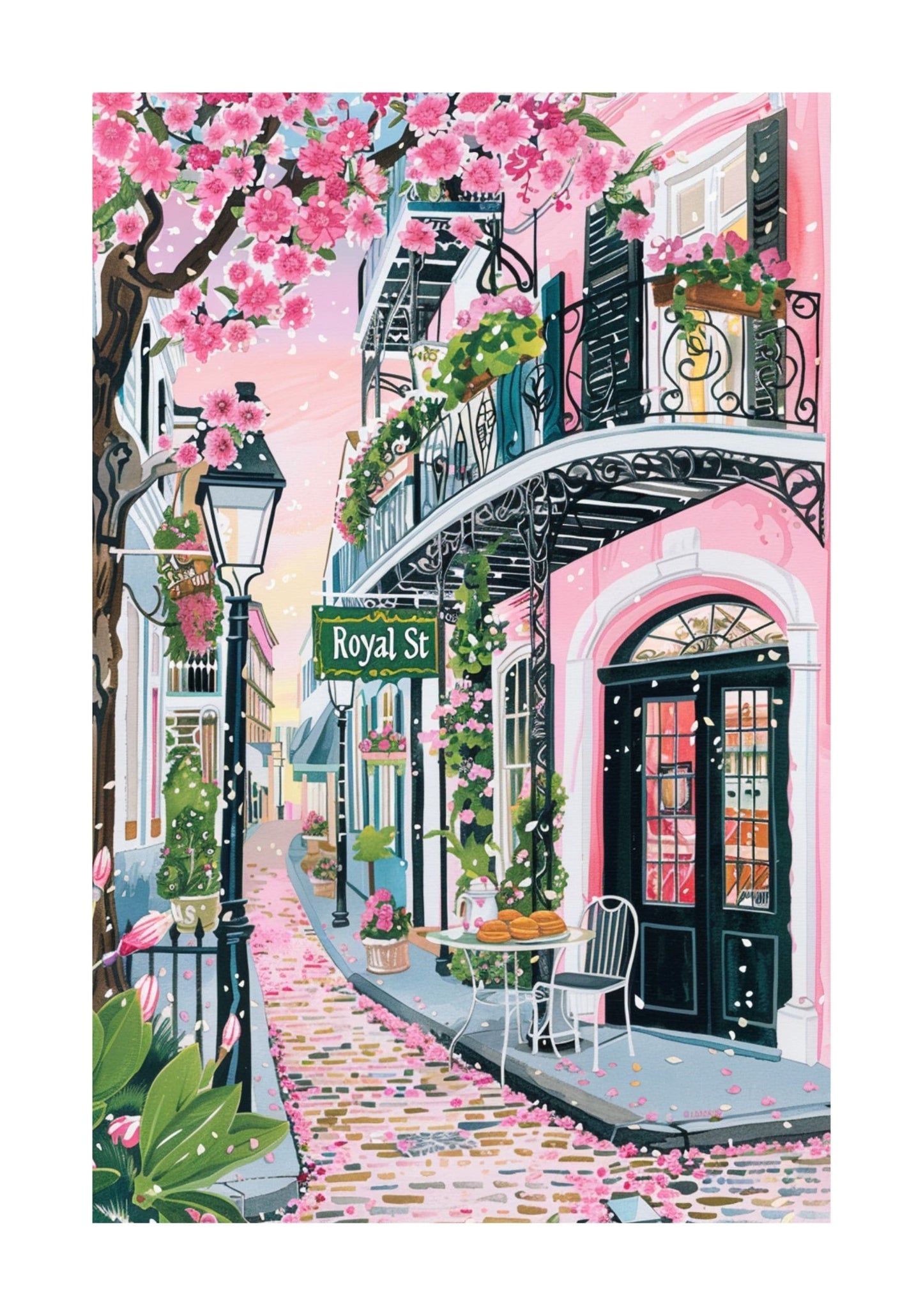 New Orleans French Quarter Street Scene Poster — Whimsical Beignet & Food Illustration