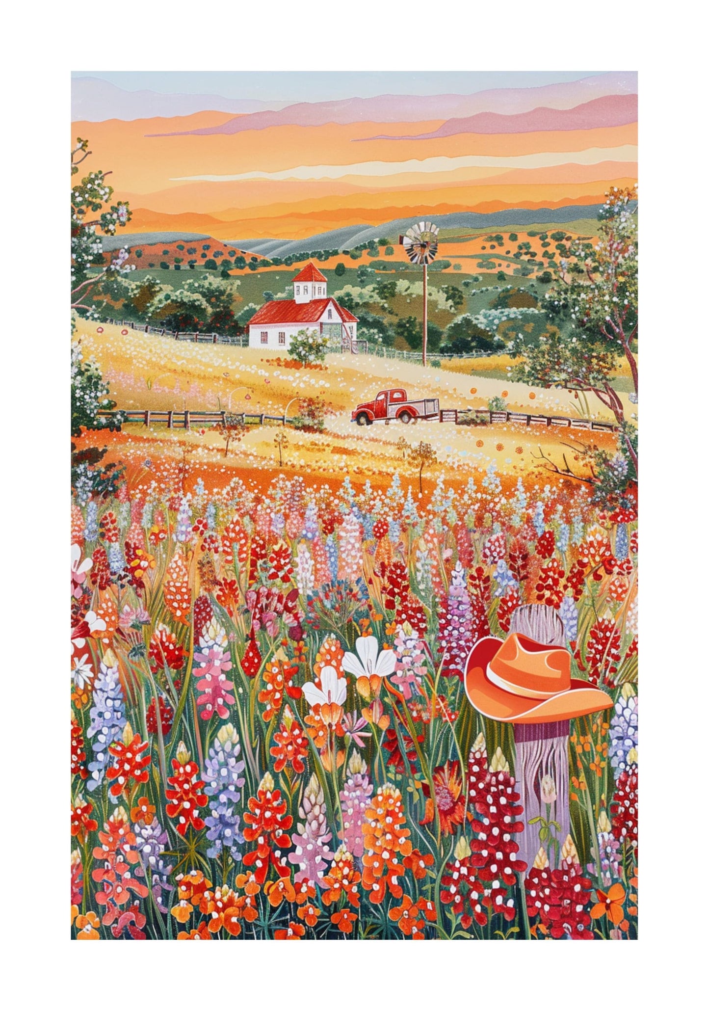 Texas Wildflower Field Poster — Bluebonnets & Indian Paintbrush Wall Art