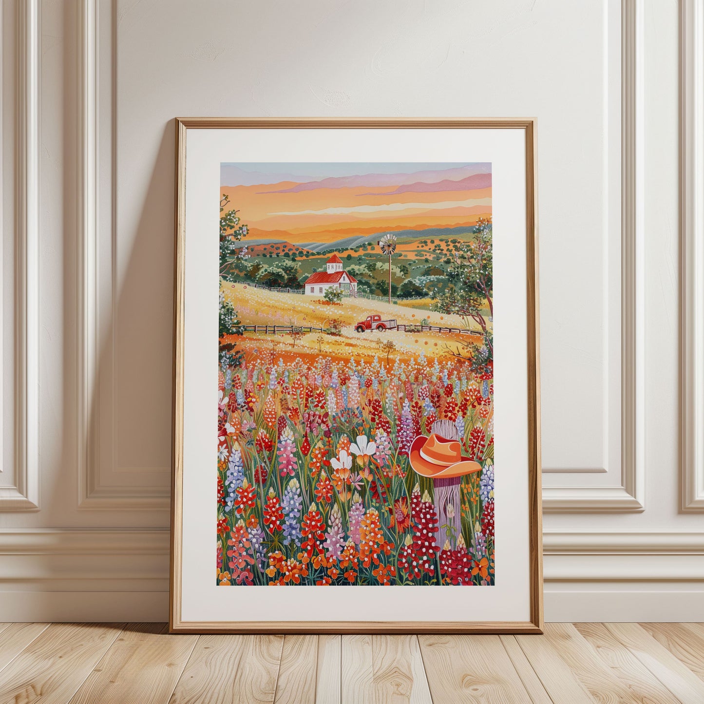 Texas Wildflower Field Poster — Bluebonnets & Indian Paintbrush Wall Art