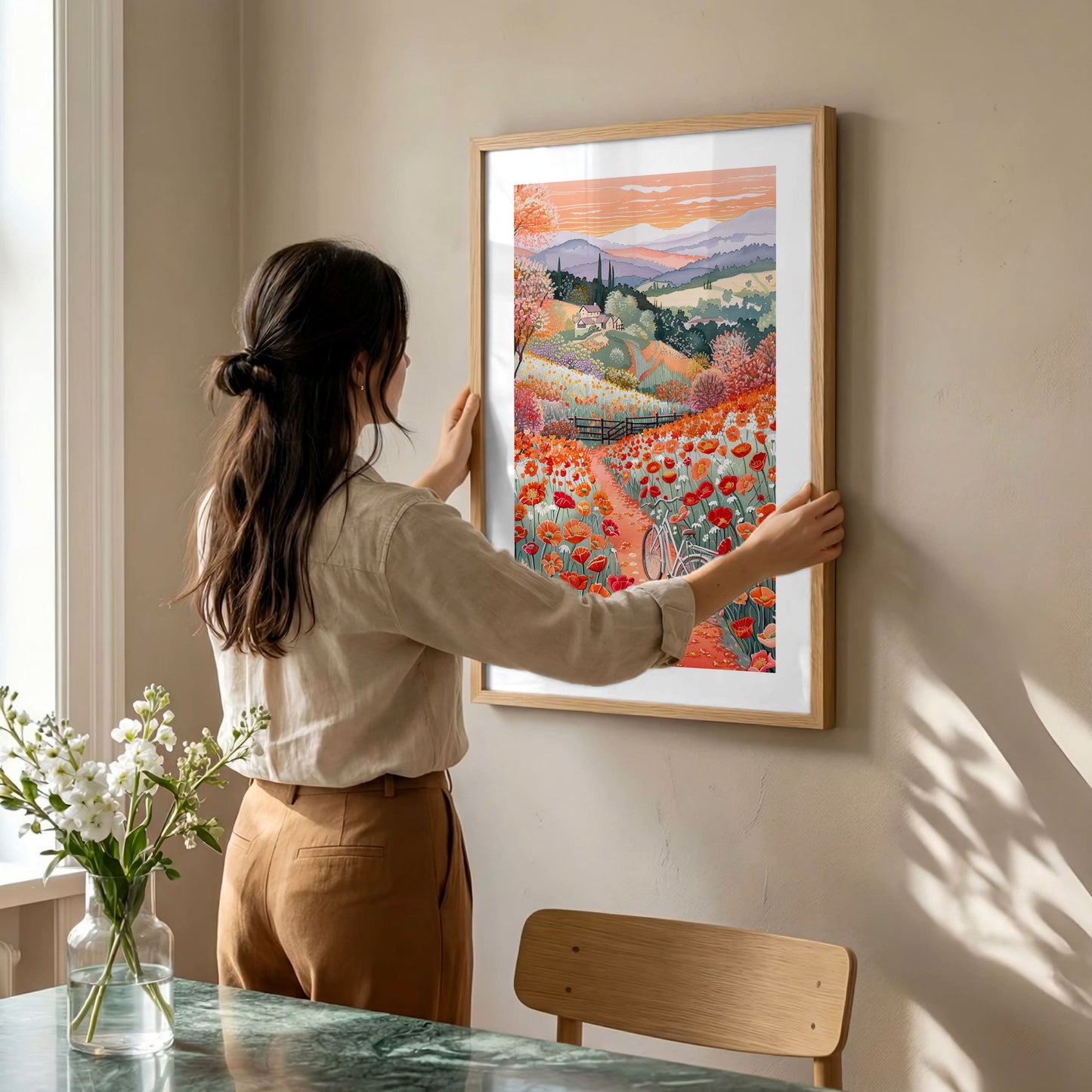 California Poppy Wall Art Poster — Whimsical Bicycle Wildflowers Spring Hillside Print