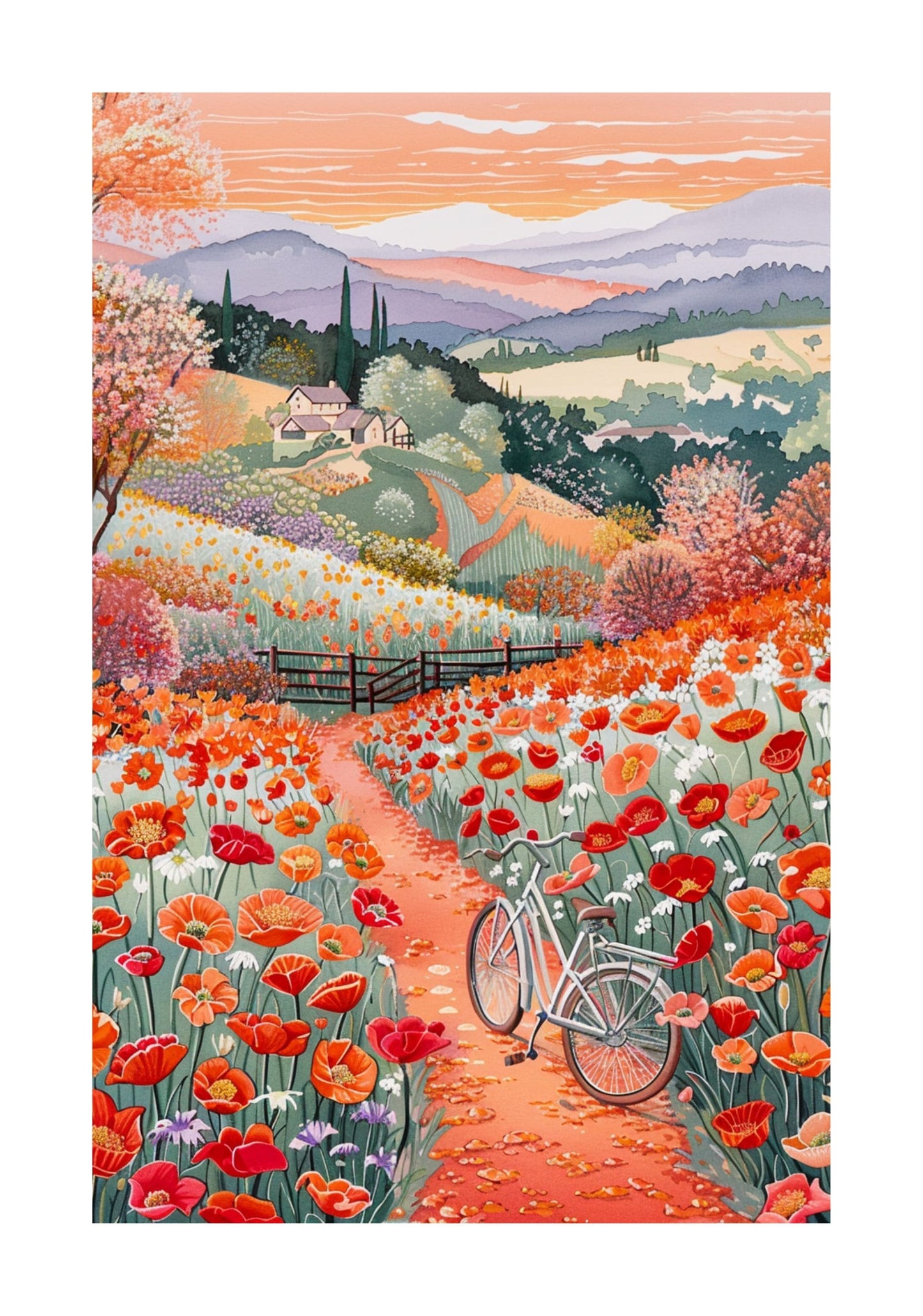 California Poppy Wall Art Poster — Whimsical Bicycle Wildflowers Spring Hillside Print
