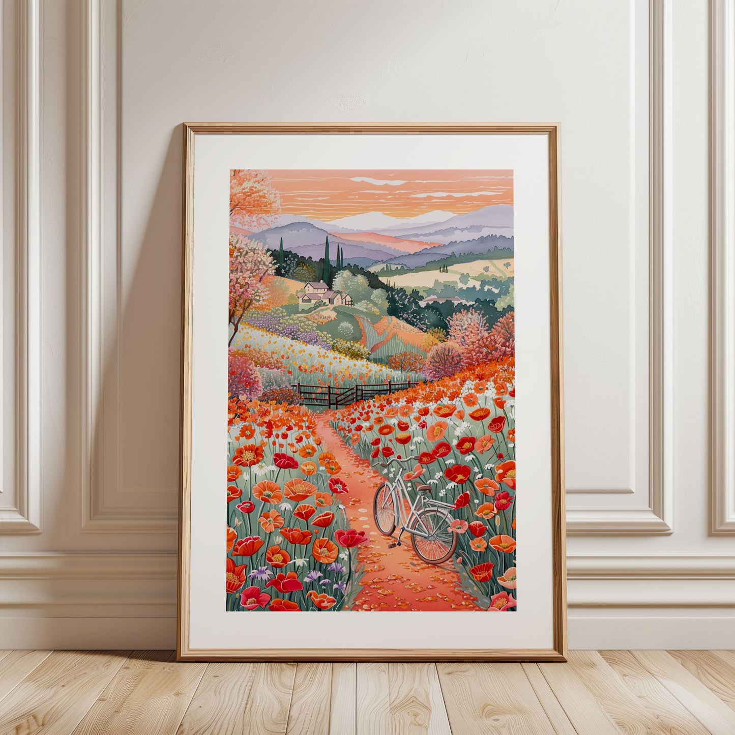 California Poppy Wall Art Poster — Whimsical Bicycle Wildflowers Spring Hillside Print