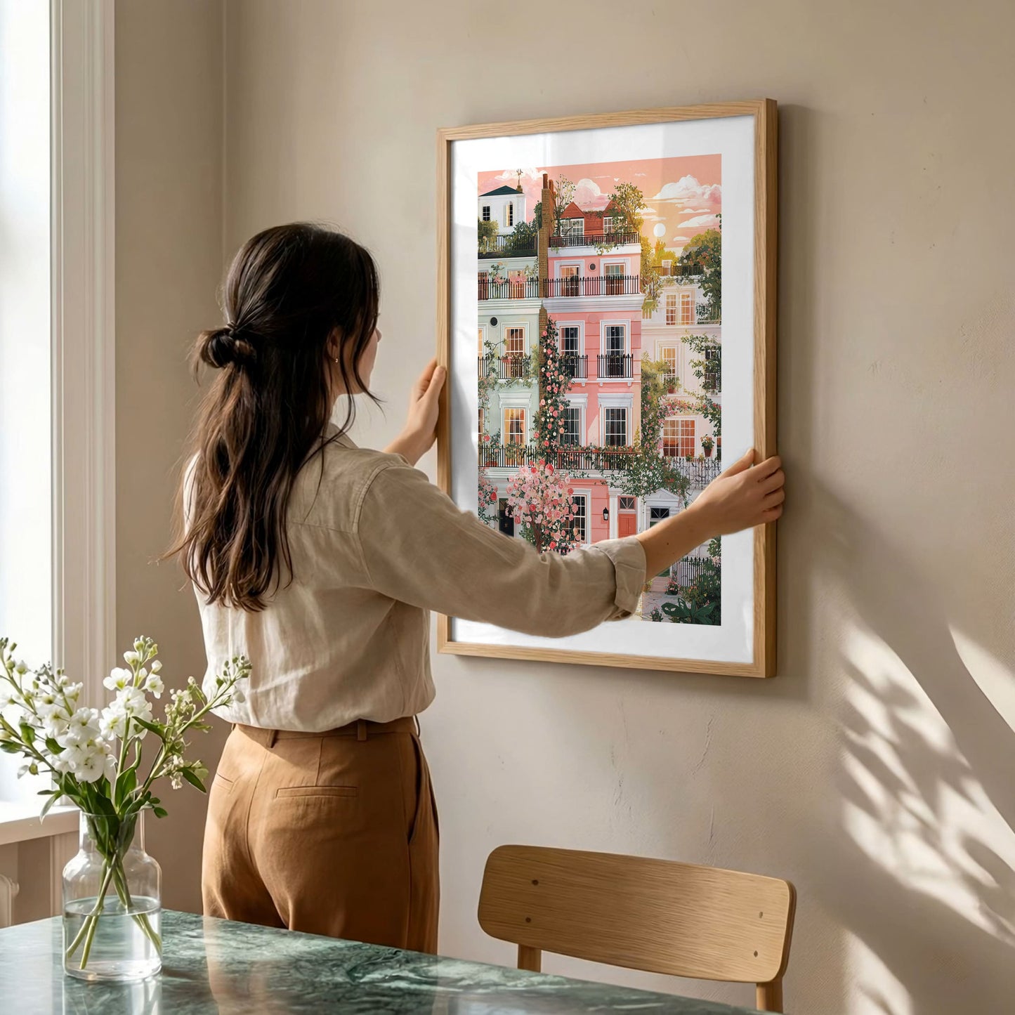 Notting Hill London Poster — Pastel Townhouses Spring Illustration