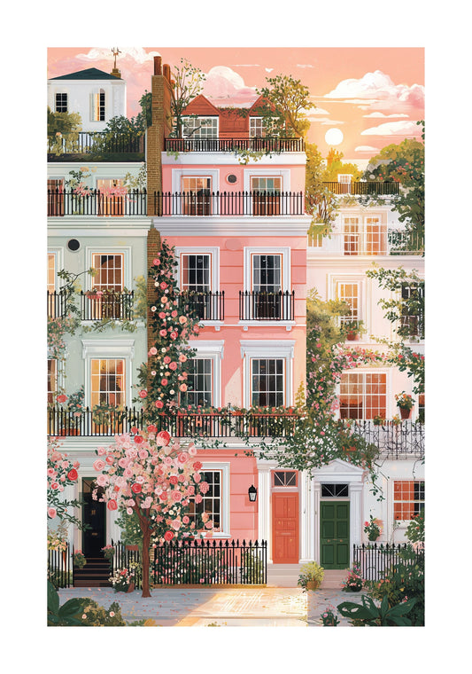 Notting Hill London Poster — Pastel Townhouses Spring Illustration