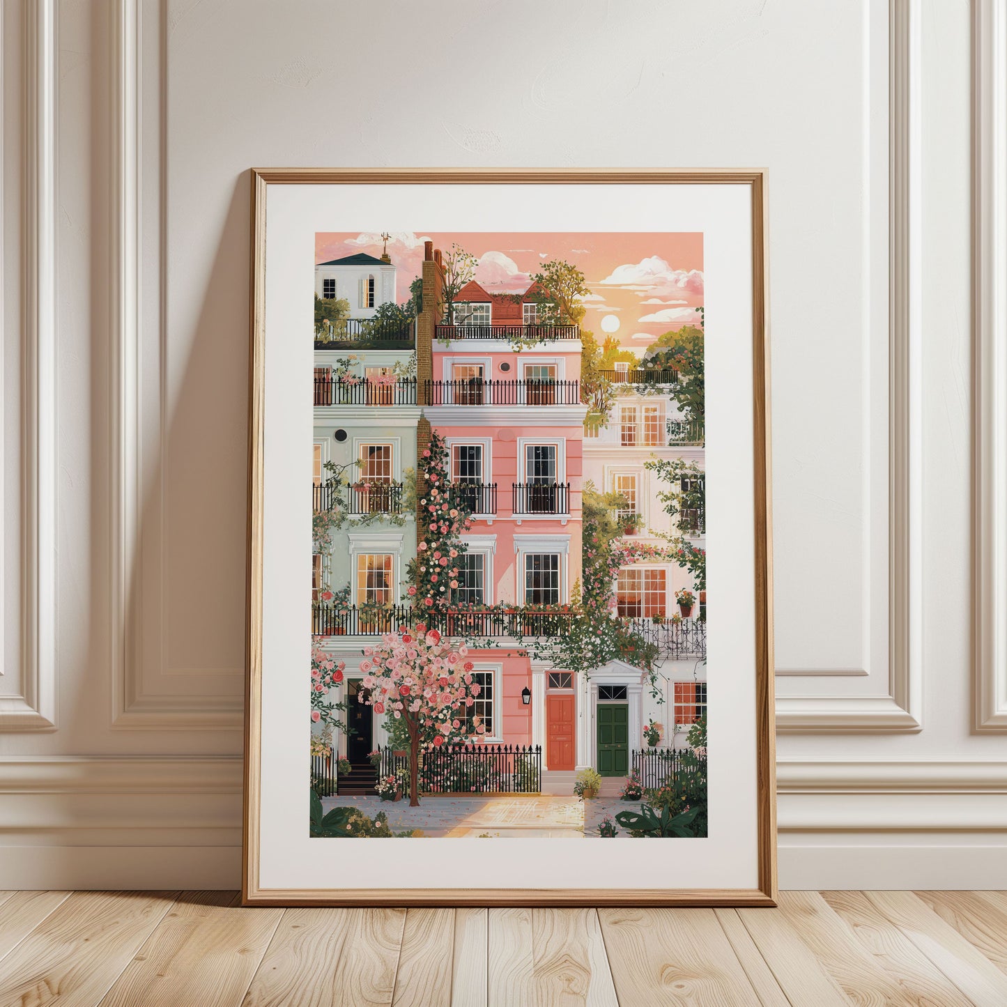 Notting Hill London Poster — Pastel Townhouses Spring Illustration