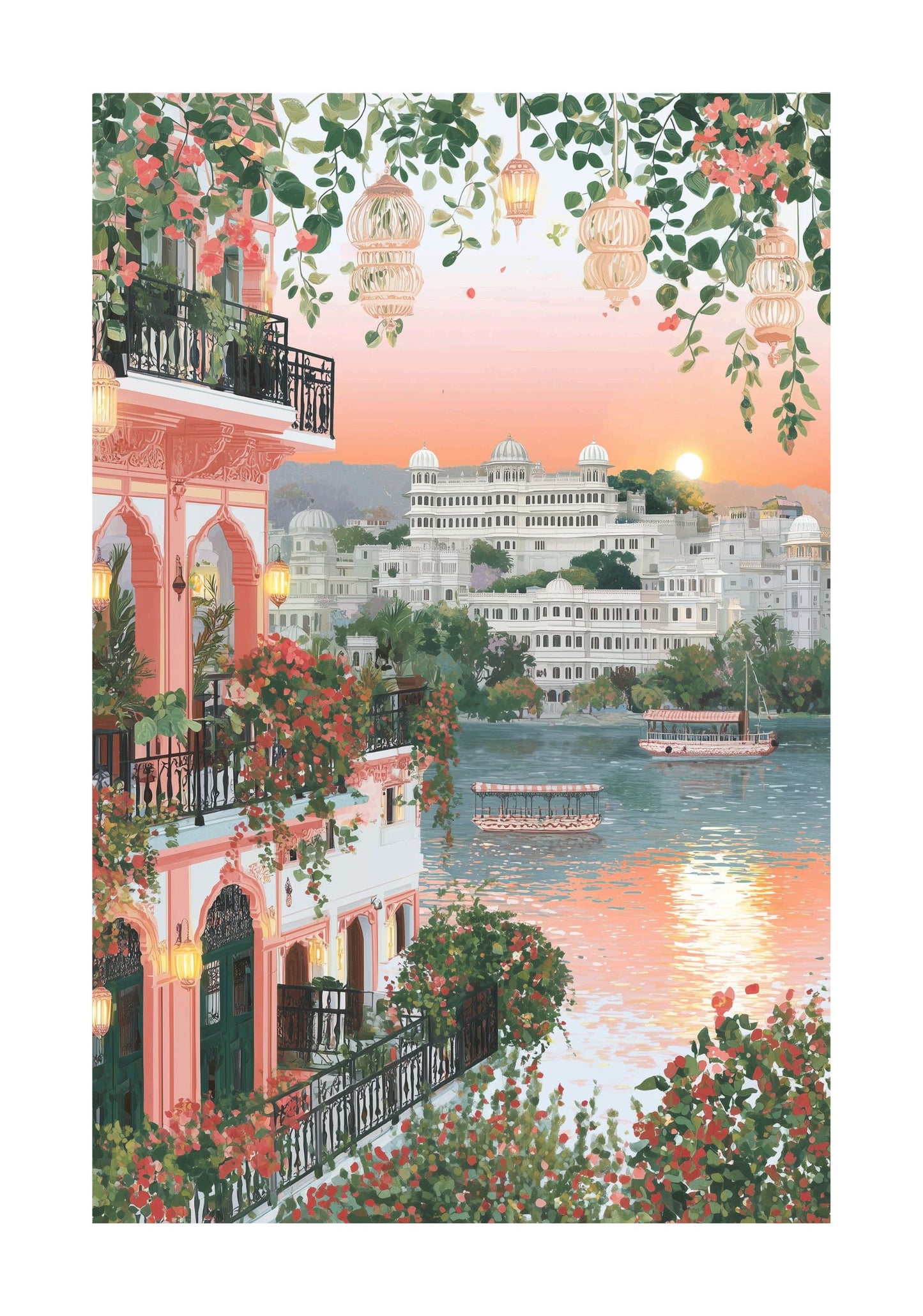 Udaipur Lake Pichola Sunset Poster — Indian Travel Wall Art (Pink Balcony)
