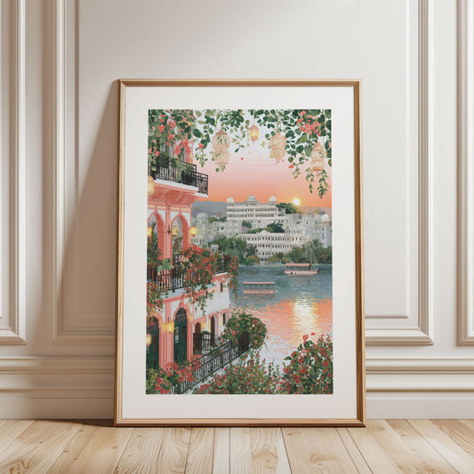 Udaipur Lake Pichola Sunset Poster — Indian Travel Wall Art (Pink Balcony)