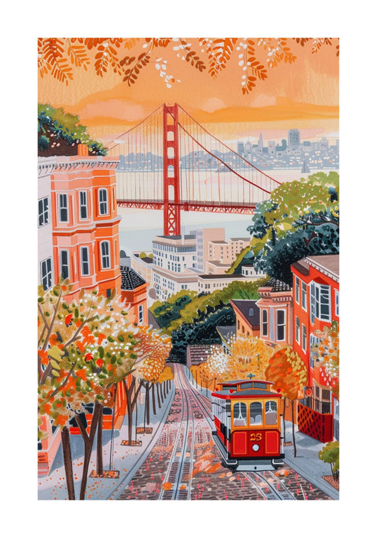 Golden Gate Bridge Travel Poster — San Francisco Cable Car Gouache Art