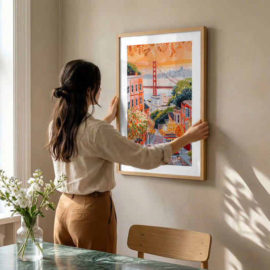 Golden Gate Bridge Travel Poster — San Francisco Cable Car Gouache Art
