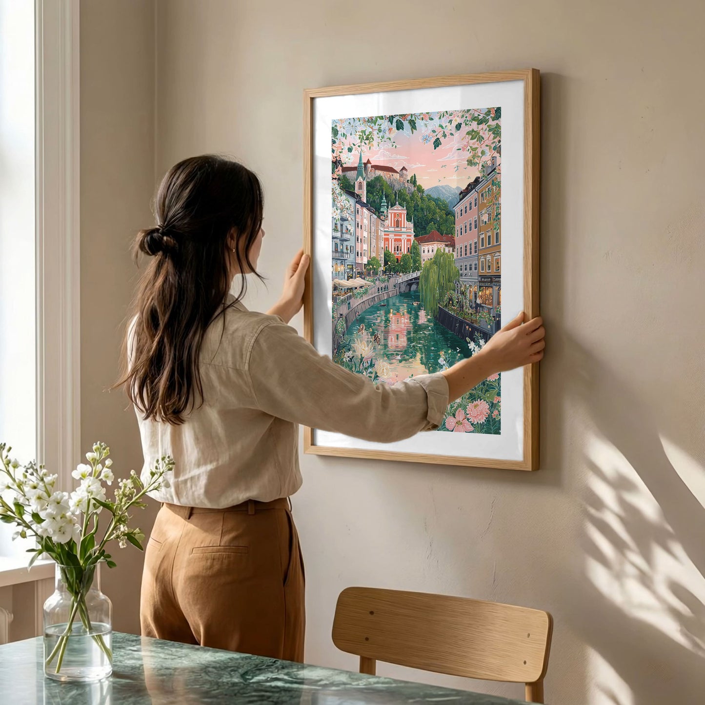 Ljubljana Slovenia Poster — Riverside Cityscape with Castle Wall Art