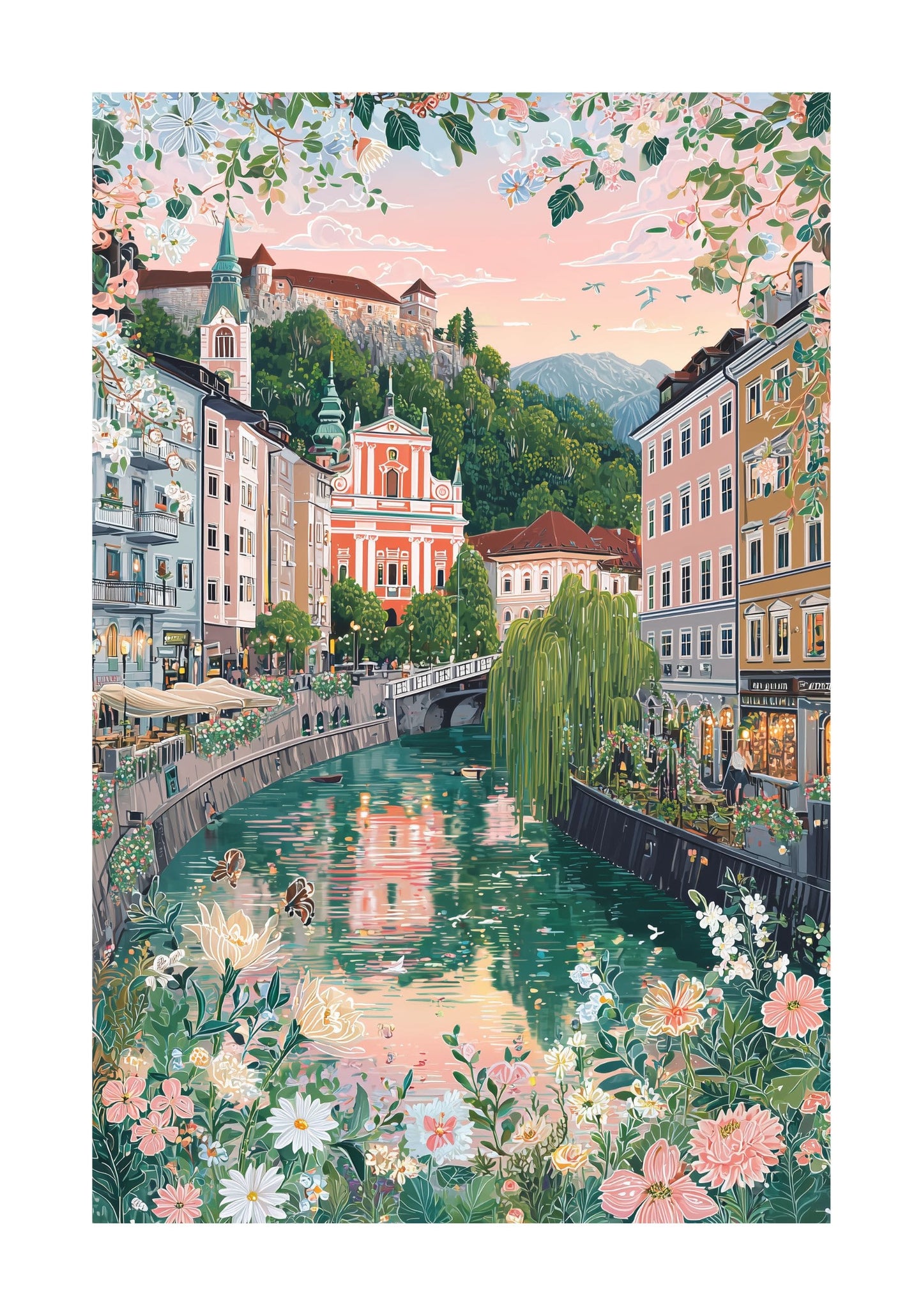 Ljubljana Slovenia Poster — Riverside Cityscape with Castle Wall Art