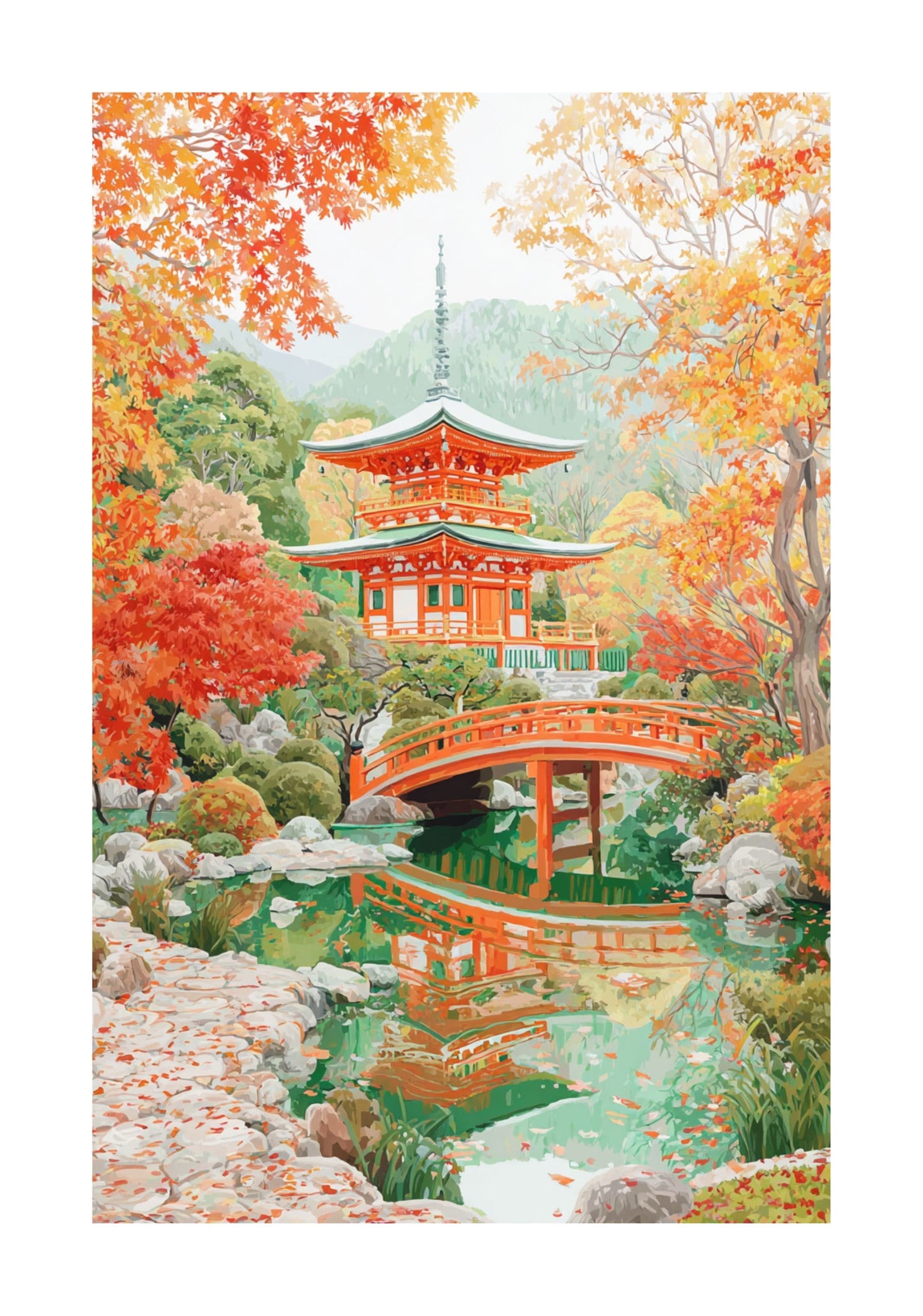 Kyoto Fall Poster — Japanese Temple Autumn Landscape Wall Art