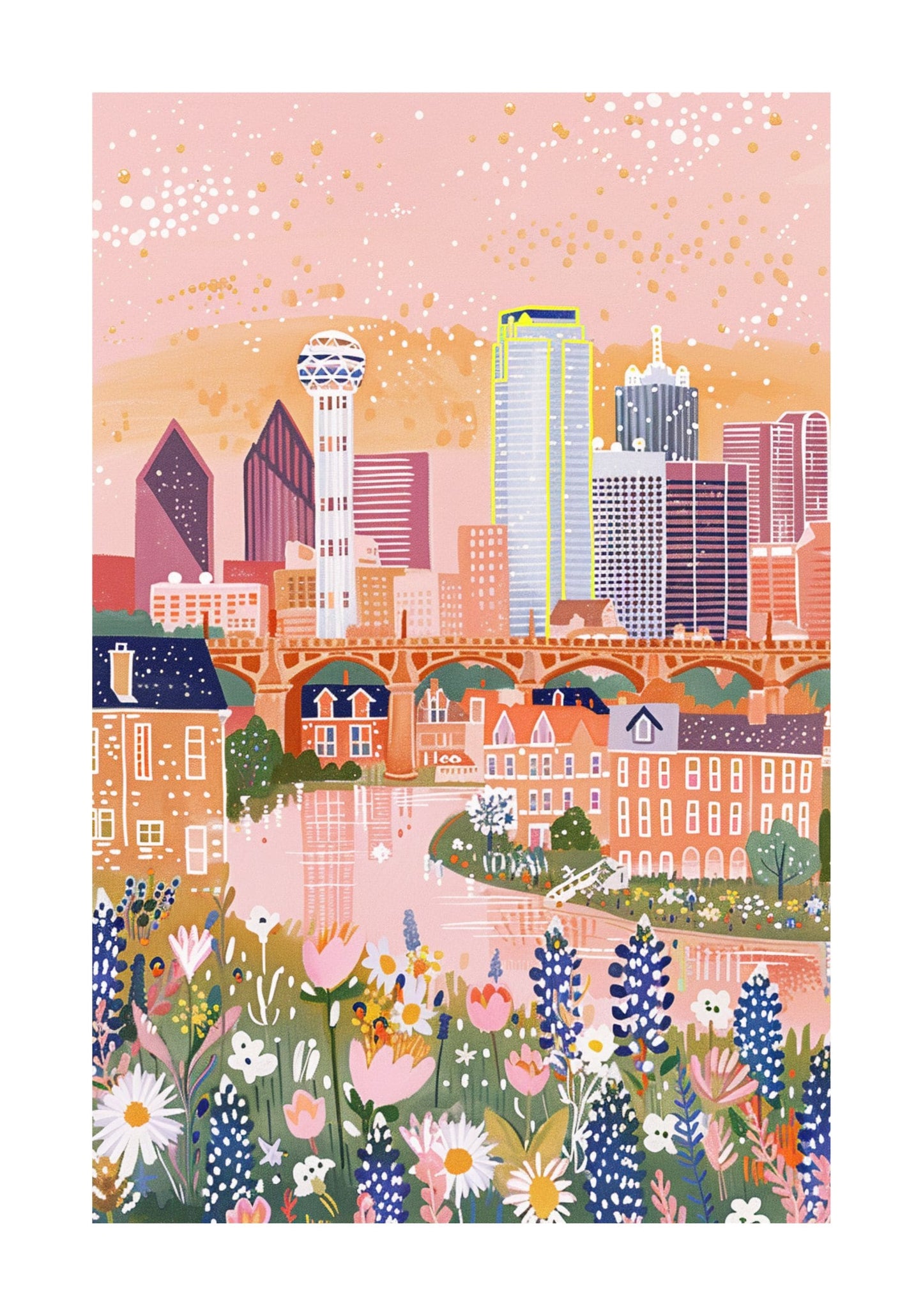 Dallas Skyline Watercolor Poster — Bluebonnets Fine Art Print