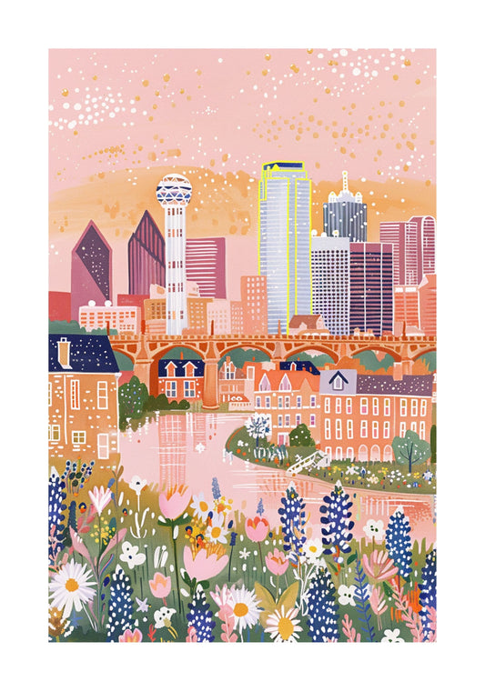 Dallas Skyline Watercolor Poster — Bluebonnets Fine Art Print