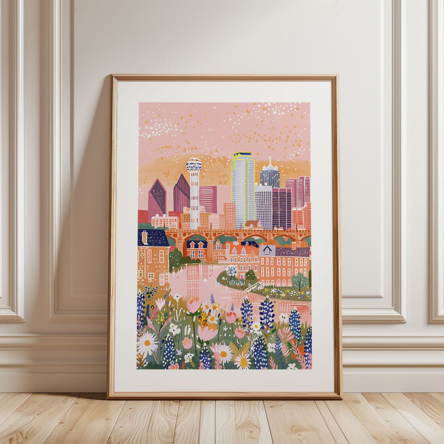 Dallas Skyline Watercolor Poster — Bluebonnets Fine Art Print