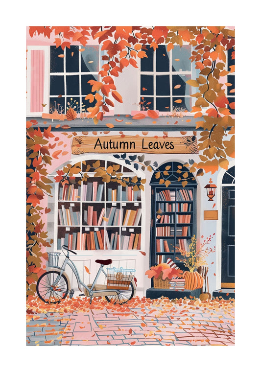 New England Bookshop Poster — Autumn Bookstore Wall Art (Watercolor Giclée)