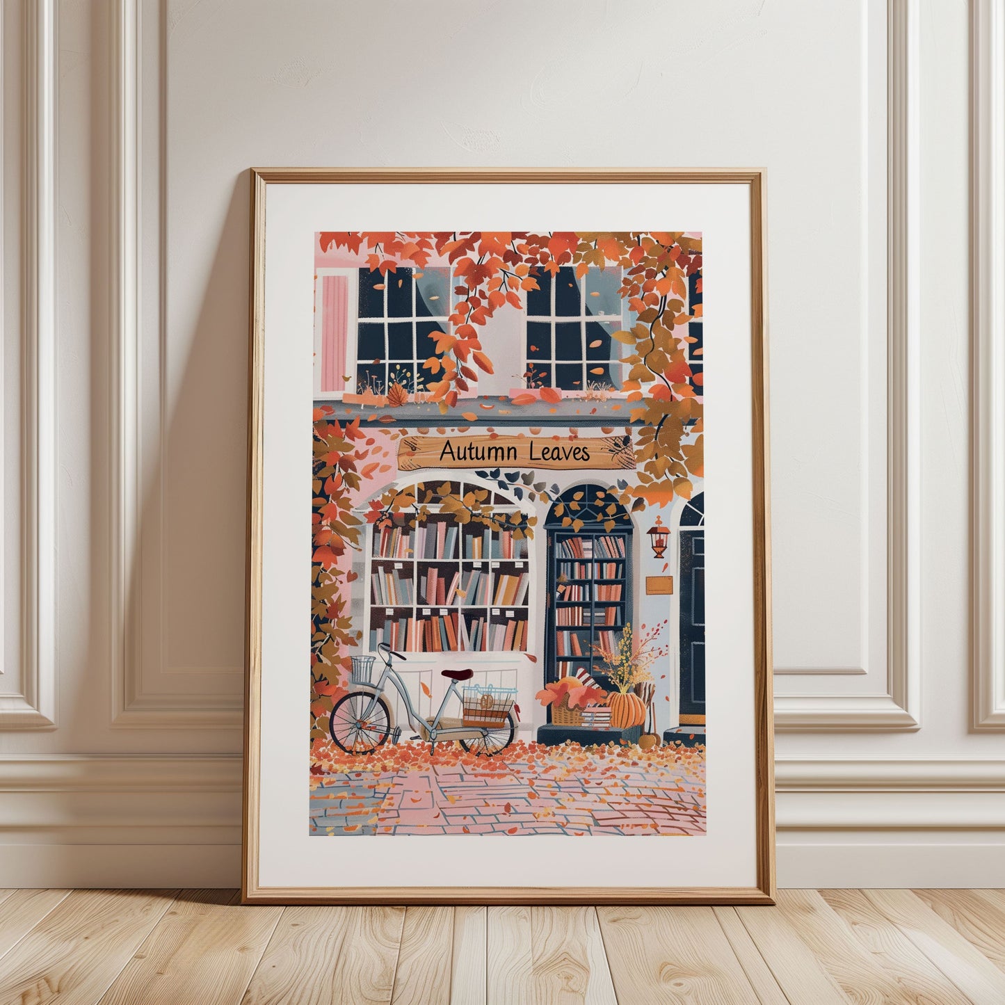 New England Bookshop Poster — Autumn Bookstore Wall Art (Watercolor Giclée)
