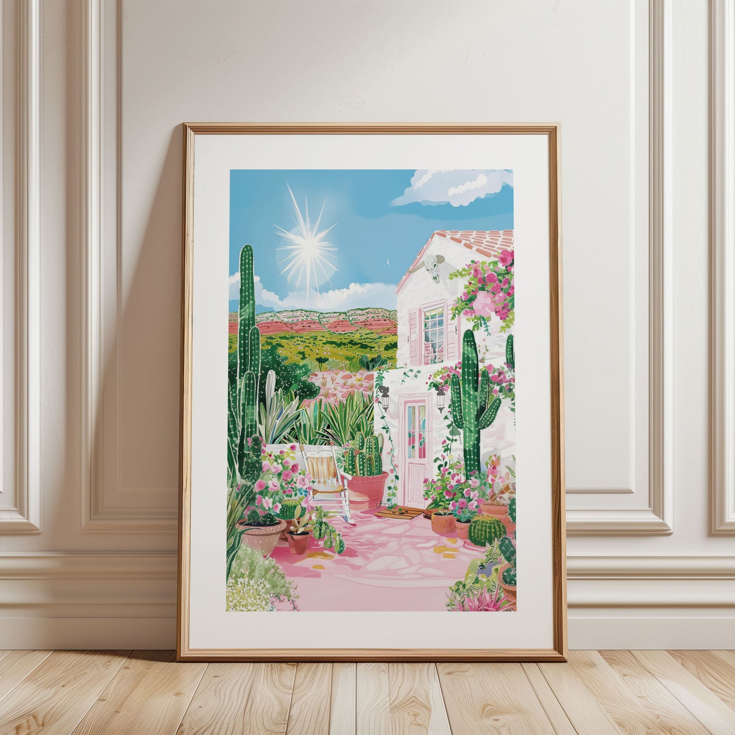 Texas Desert Poster — Southwestern Gouache Cactus & Adobe Wall Art
