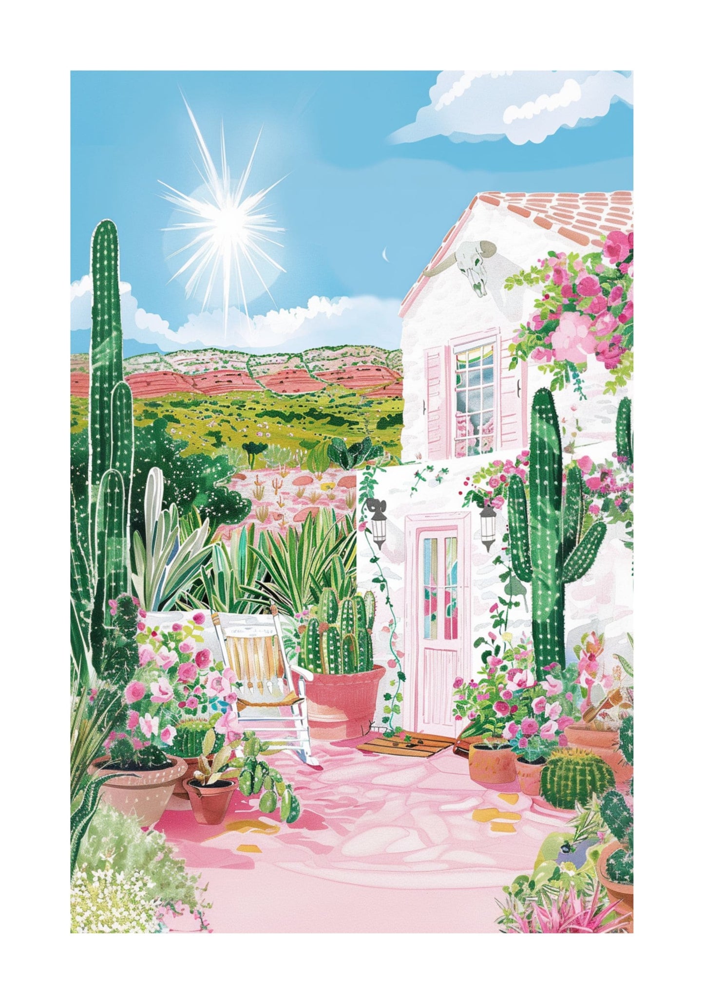 Texas Desert Poster — Southwestern Gouache Cactus & Adobe Wall Art