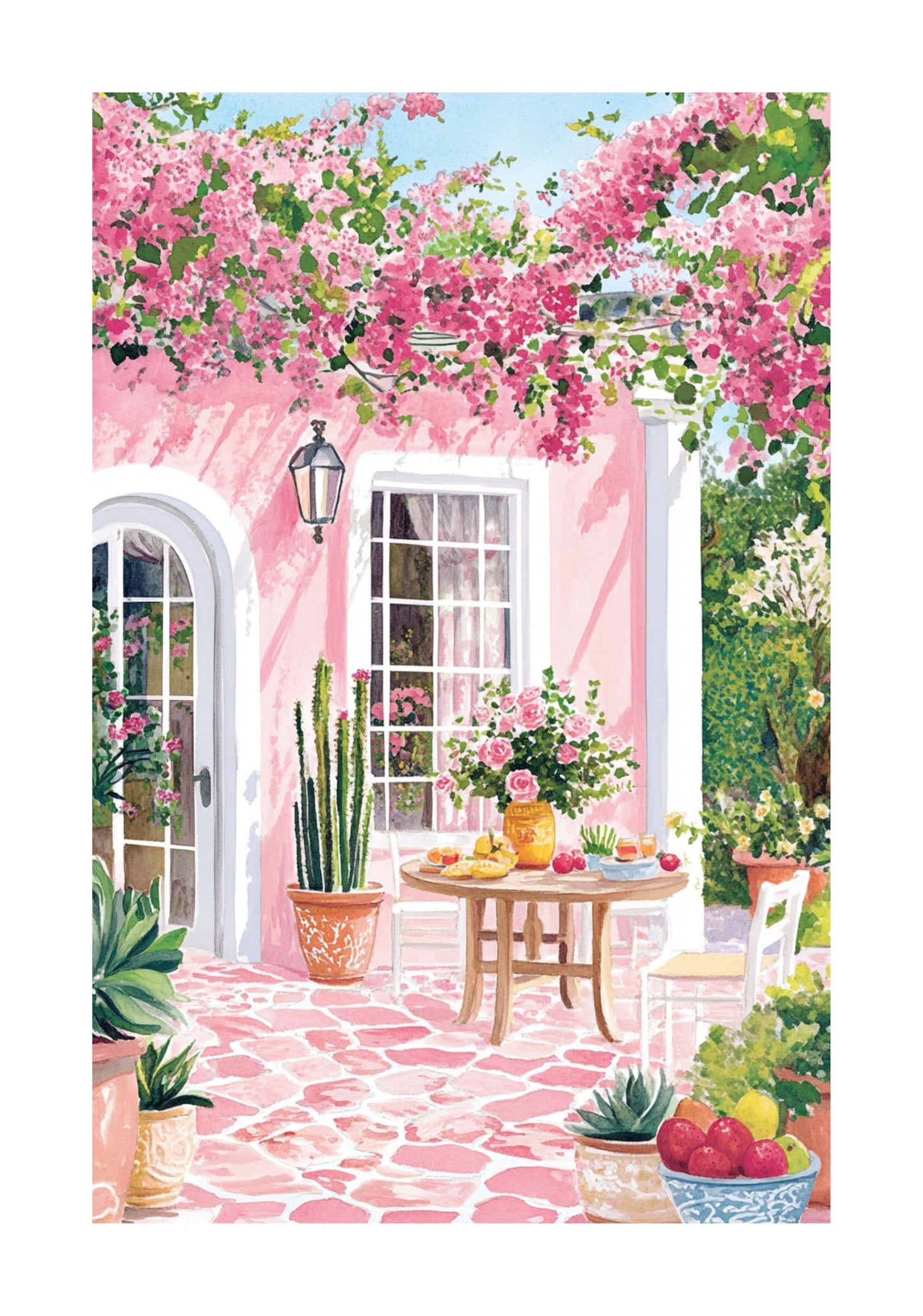 Mexican Courtyard Poster — Pink Colonial Patio with Bougainvillea & Talavera Tiles
