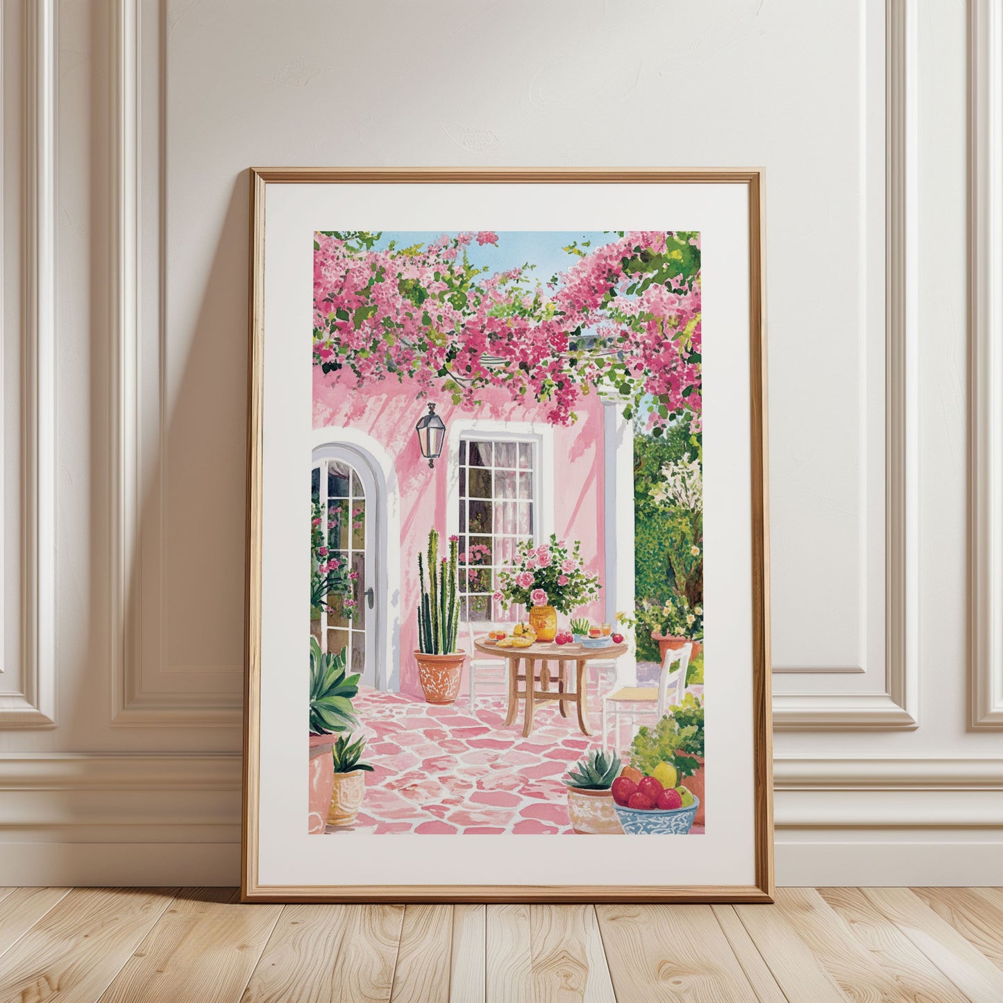 Mexican Courtyard Poster — Pink Colonial Patio with Bougainvillea & Talavera Tiles