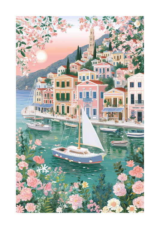Symi Greece Travel Poster — Colorful Harbor Wall Art (Symi Island)