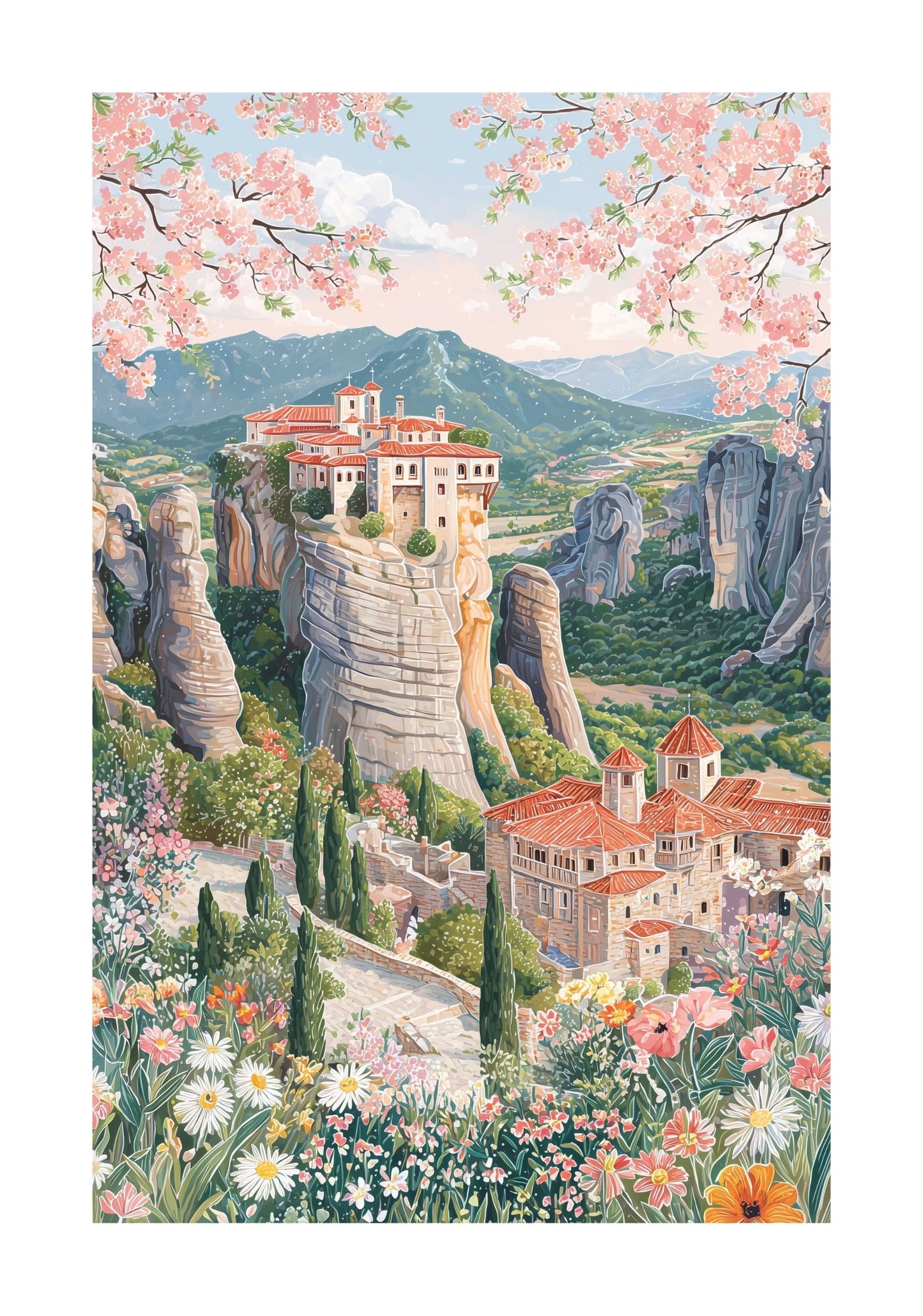 Meteora Greece Travel Poster — Monastery Landscape Wall Art
