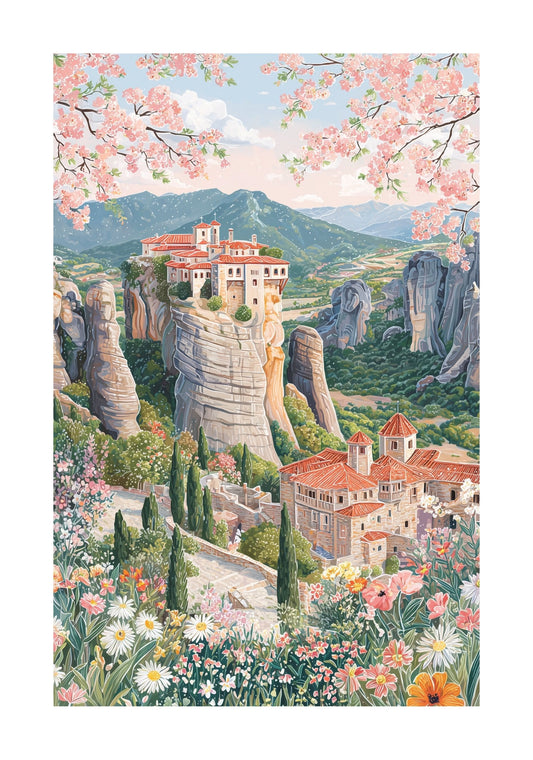 Meteora Greece Travel Poster — Monastery Landscape Wall Art