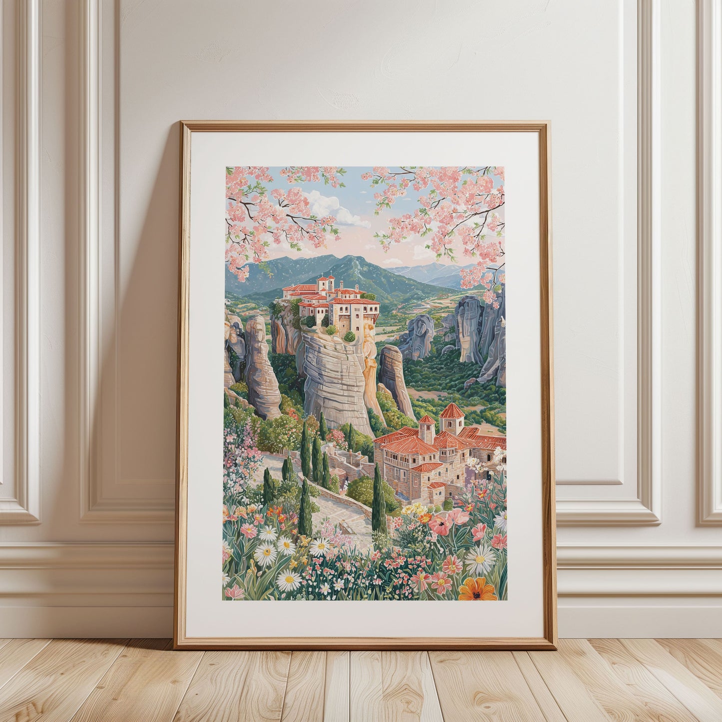 Meteora Greece Travel Poster — Monastery Landscape Wall Art