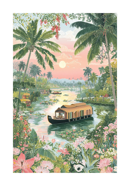 Kerala Backwaters Poster — Alleppey Houseboat Travel Print