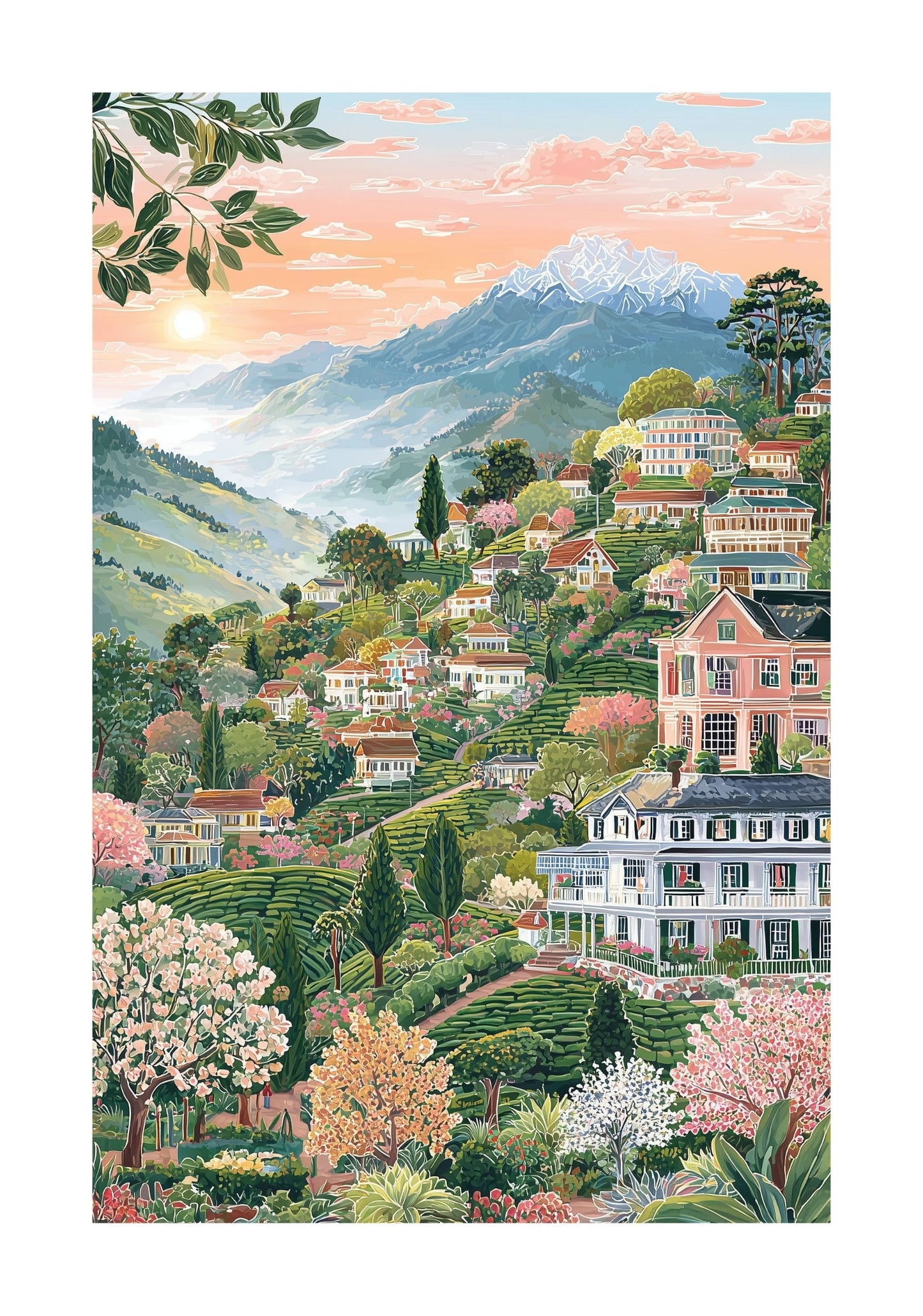 Darjeeling Tea Plantation Poster — Himalayan Mountain & Tea Garden Wall Art