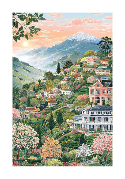 Darjeeling Tea Plantation Poster — Himalayan Mountain & Tea Garden Wall Art