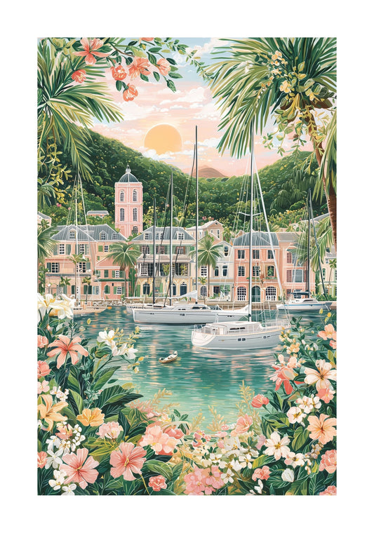 Antigua Caribbean Poster — Tropical Harbor Travel Print