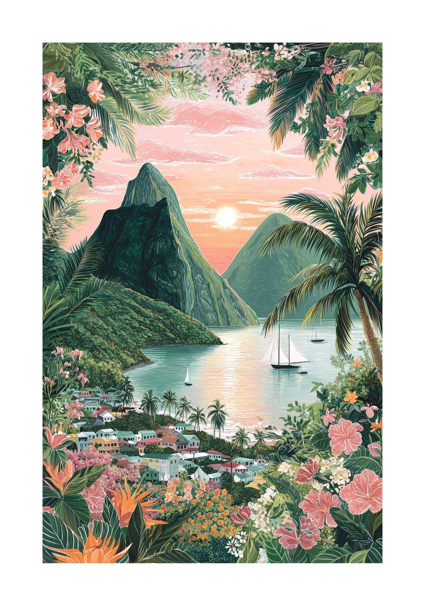 St. Lucia Pitons Poster — Caribbean Travel Wall Art | Tropical Island Decor