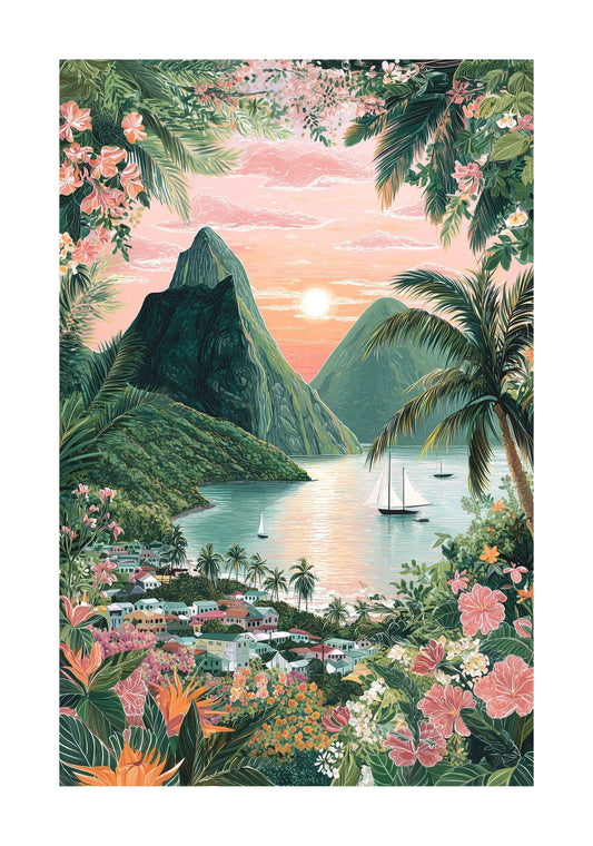 St. Lucia Pitons Poster — Caribbean Travel Wall Art | Tropical Island Decor