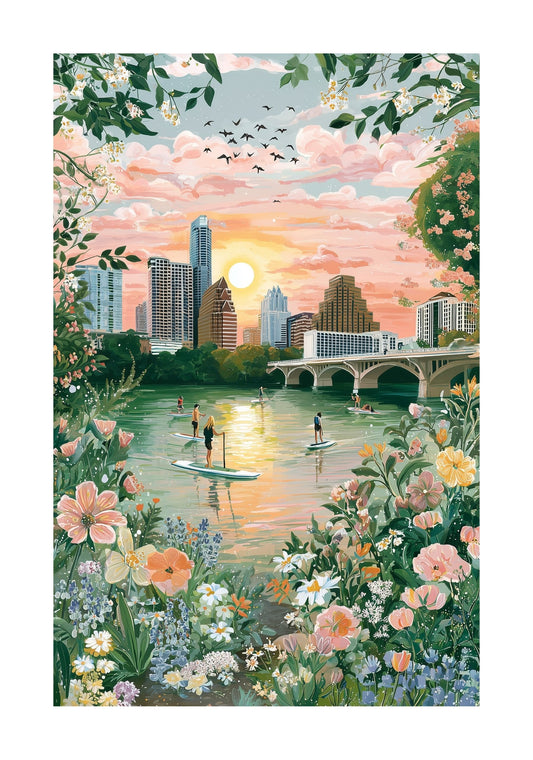 Austin Skyline Poster — Lady Bird Lake & Congress Avenue Bridge Travel Print