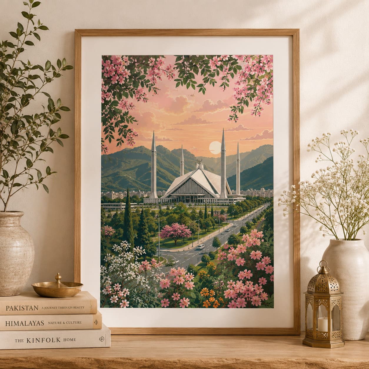 Islamabad Poster — Floral Pink Faisal Mosque Art Print