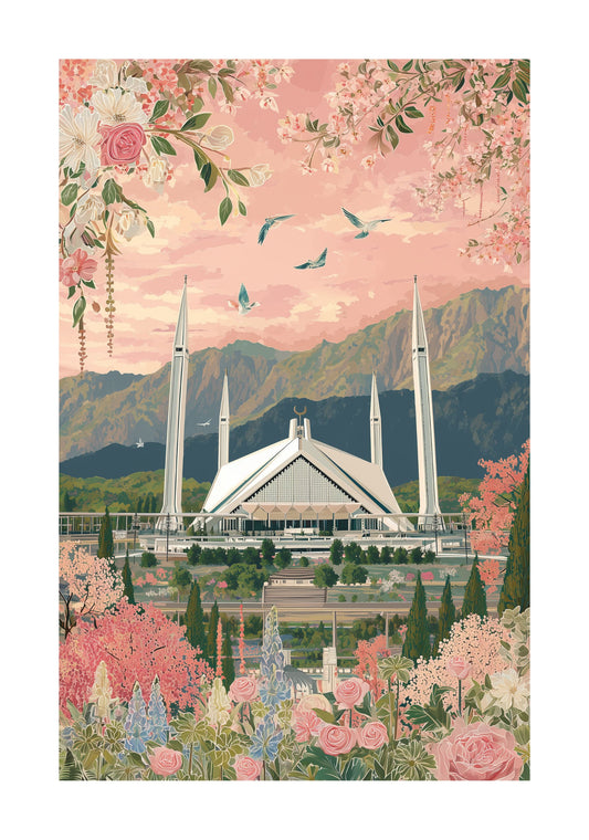 Islamabad Poster — Floral Pink Faisal Mosque Art Print