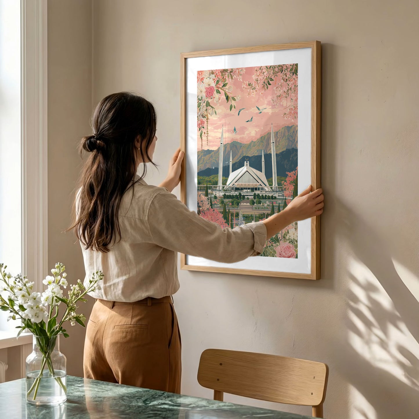 Islamabad Poster — Floral Pink Faisal Mosque Art Print
