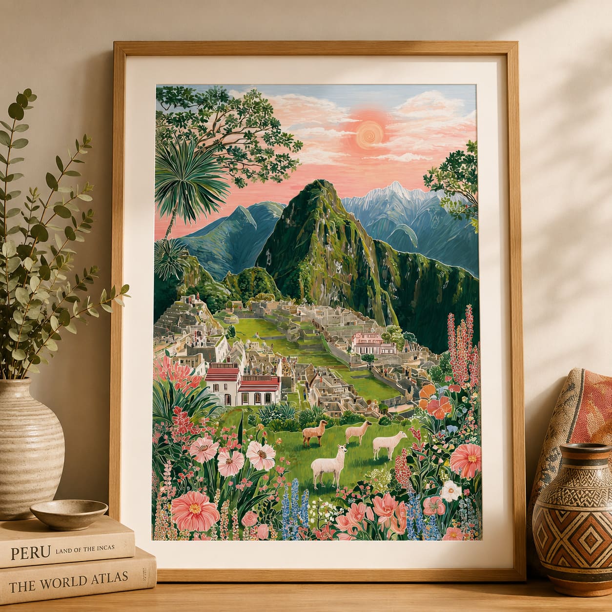 Machu Picchu Floral Art Poster — Pastel Sunrise Landscape Print