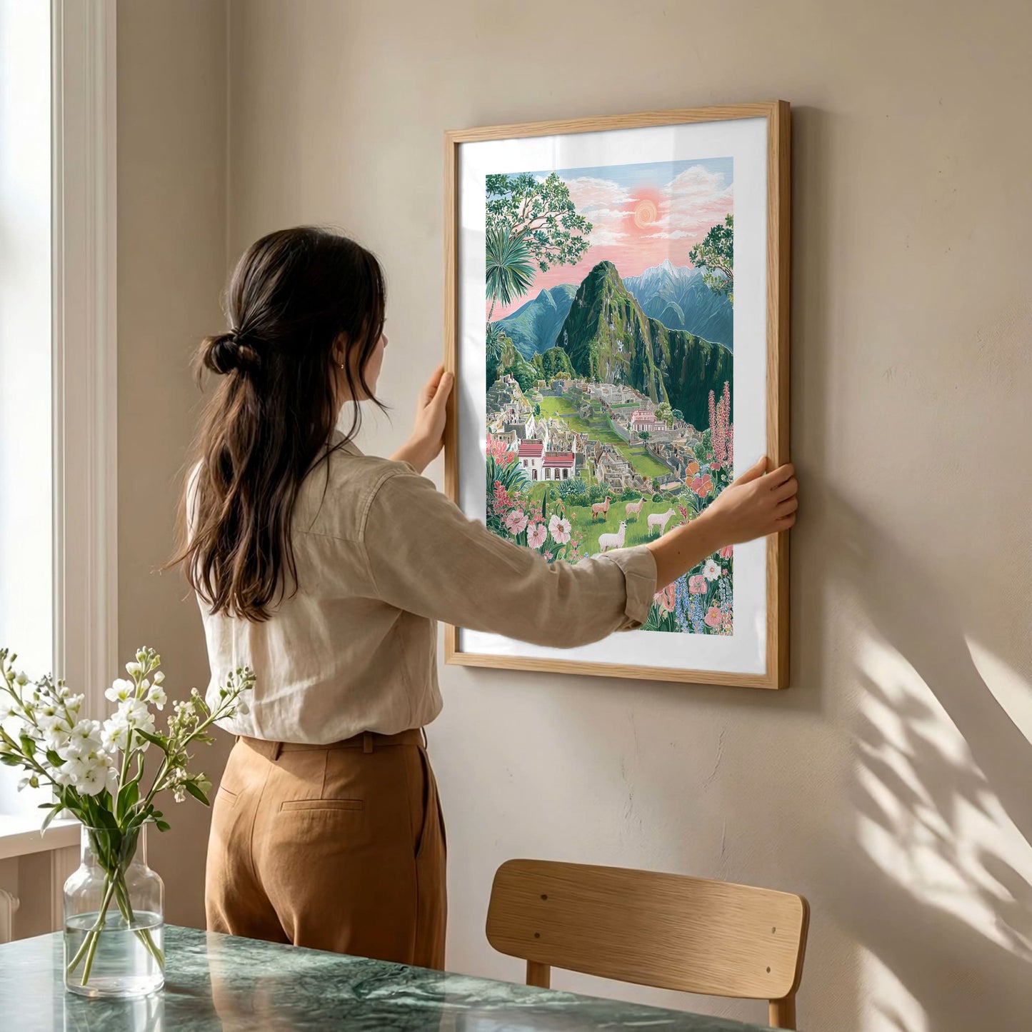 Machu Picchu Floral Art Poster — Pastel Sunrise Landscape Print